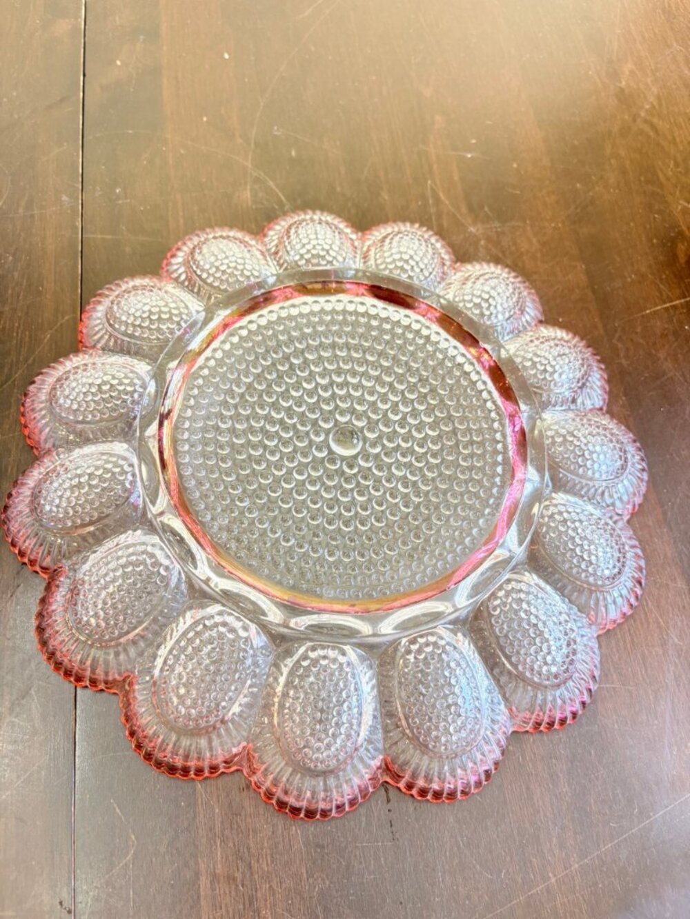 Vintage Indiana Glass Hobnail Glass Deviled Egg Plate Pink Cranberry Rim 15 Well - Picture 3 of 3